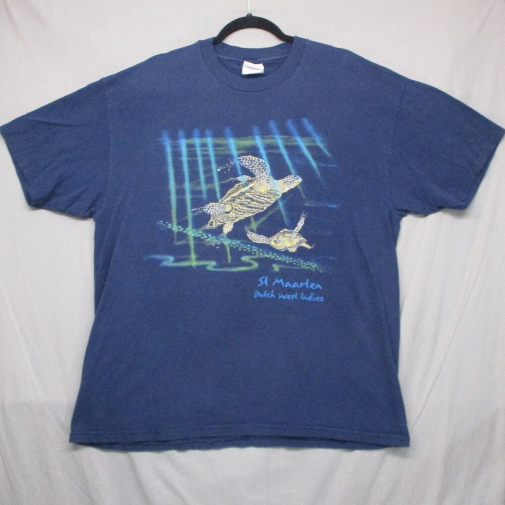 Vintage Hanes Turtle St Maartin Dutch West Indies Graphic Print Blue Men Size XL